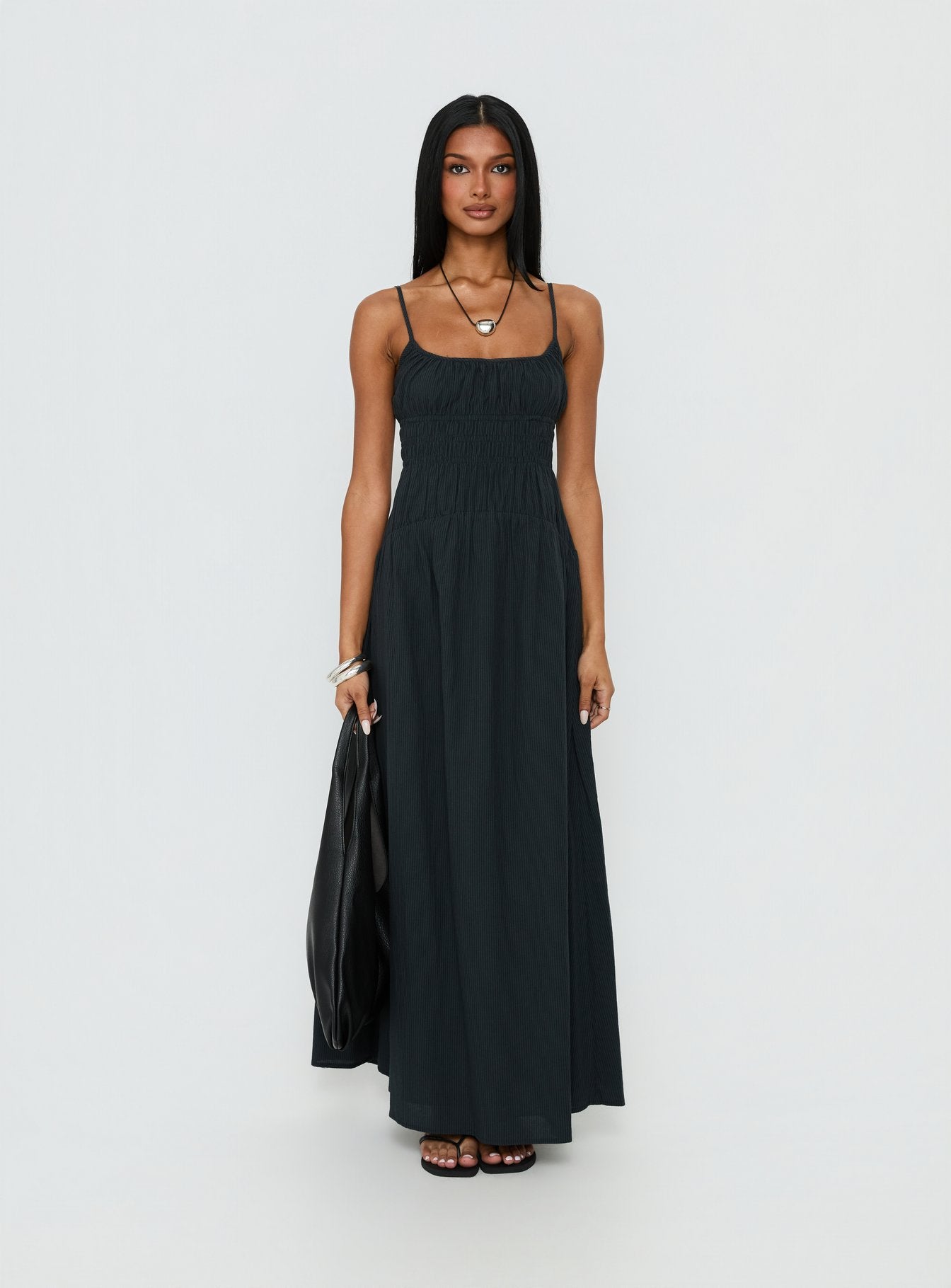 Magnolie Shirred Maxi Dress Black Stripe | Princess Polly