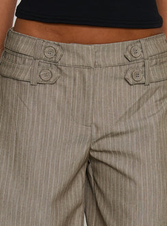 back view of model wearing Princess Polly Jette Tailored Buckle Pant Taupe Pinstripe Mid Rise Pants 