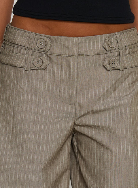 back view of model wearing Princess Polly Jette Tailored Buckle Pant Taupe Pinstripe Mid Rise Pants 