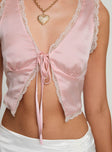 Top V neckline, lace trim detail, tie fastening, split hem Non-stretch material, lined bust Princess Polly Lower Impact 