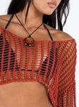 Cropped sweater Knit crochet material Scooped neckline Drop shoulder Sheer design