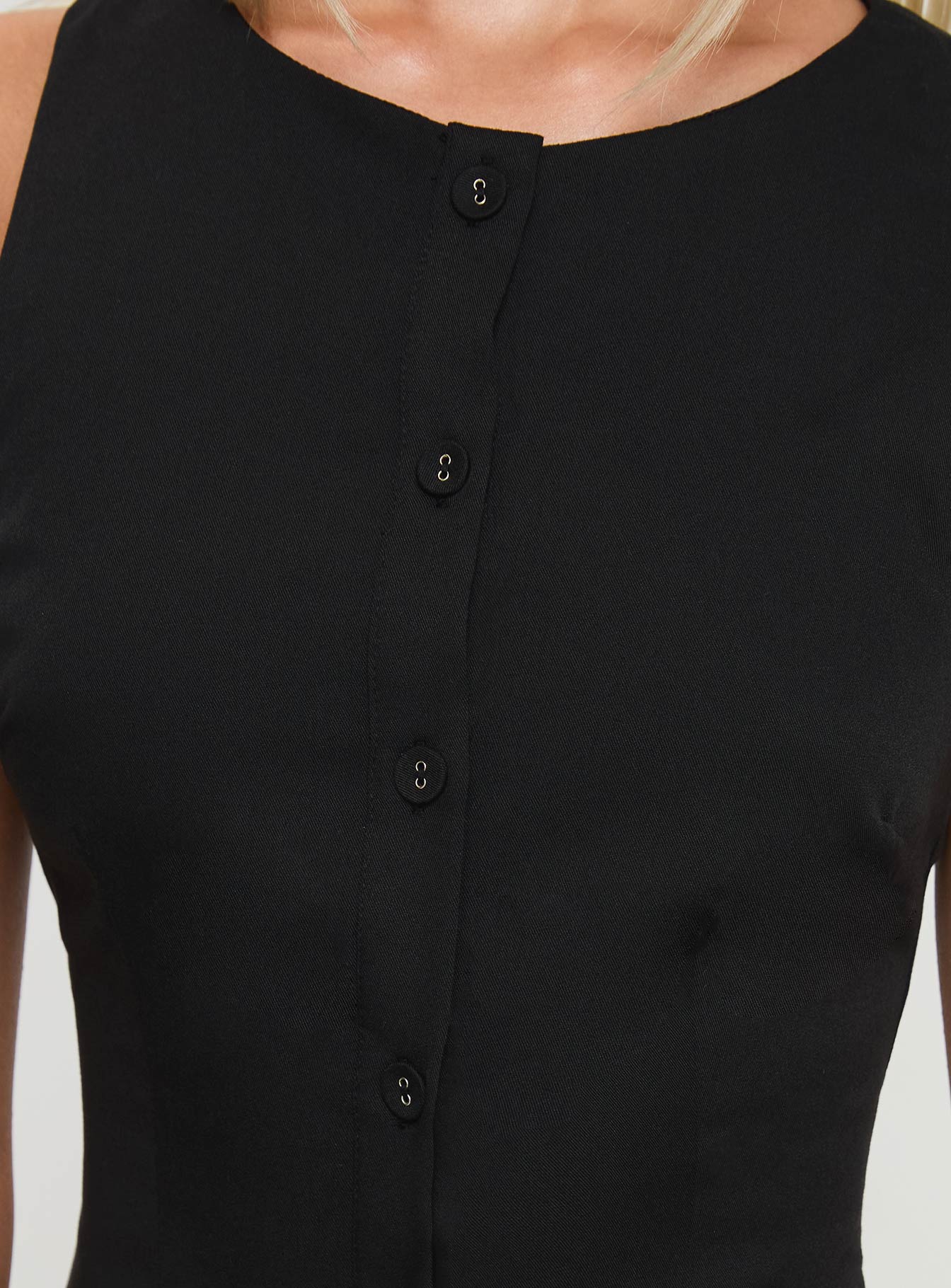 back view of model wearing Princess Polly Mystick Vest Top Black Sleeveless Crew Neck 