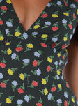 Floral print mini dress, v-neckline Wide shoulder straps, gathered bust, waist tie at back , invisible zip fastening at side 