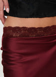 back view of model wearing Princess Polly The Charmaine Maxi Skirt Burgundy Midi Skirts 