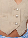 Beige Vest top, v neckline Detail stitching, front button fastenings, twin faux pockets