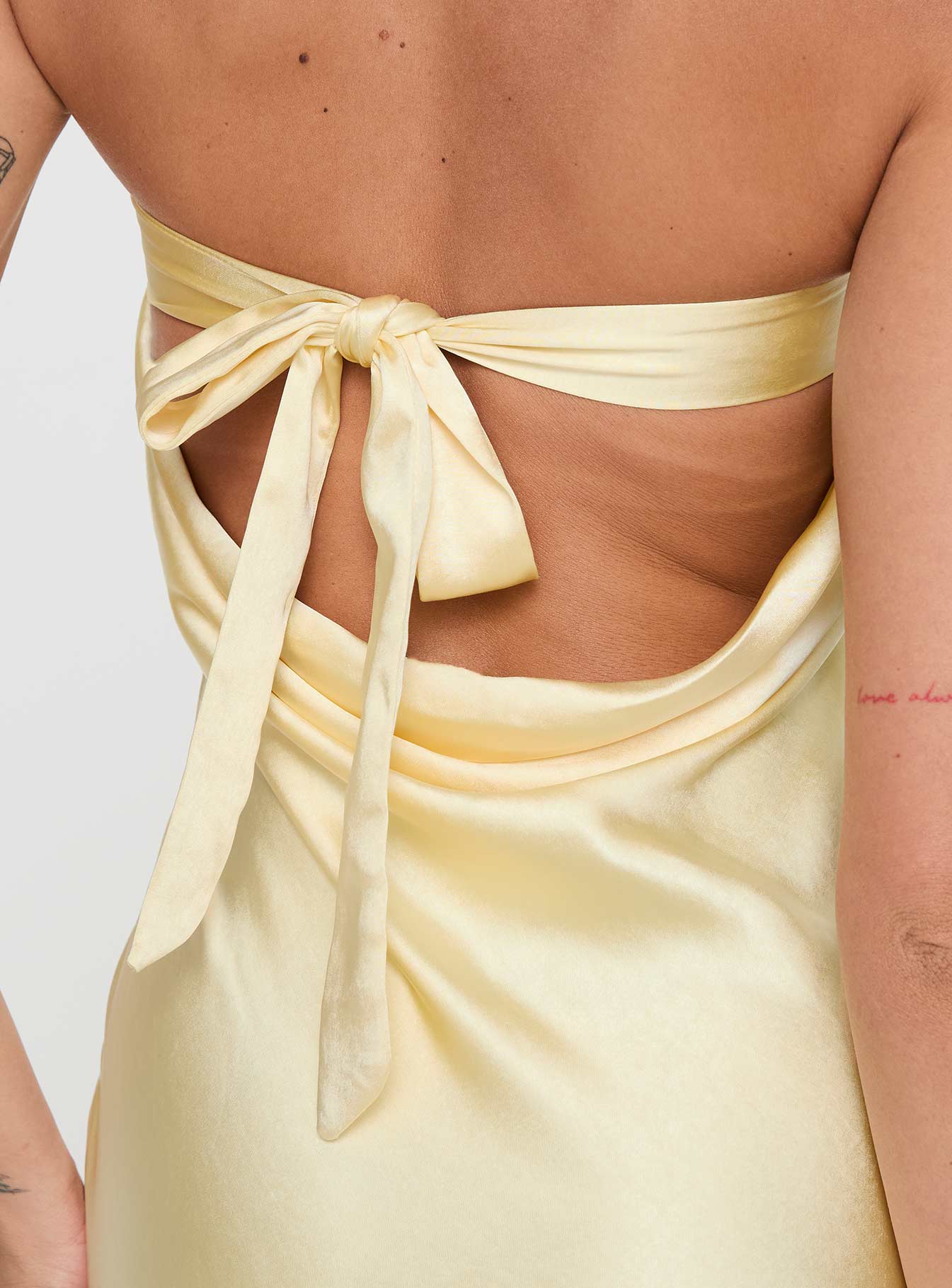 side view of model wearing Princess Polly Haley Maxi Dress Yellow Straight Neck 