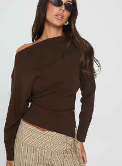 back view of model wearing Princess Polly Kaelith Off Shoulder Knit Sweater Brown Longline Jumpers 