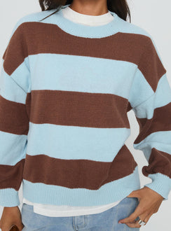 front view of model wearing Princess Polly Ardentia Crew Neck Knit Sweater Aqua Stripe Longline Jumpers 