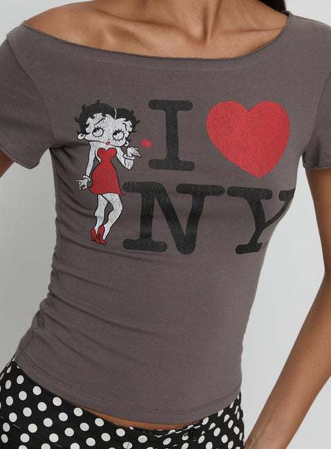 Betty Loves NYC Loose Graphic Top Charcoal