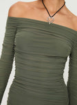 back view of model wearing Princess Polly Moreno Long Sleeve Mini Dress Olive Straight Neck 