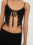 Black Lace material, adjustable straps, v neckline, tie fastening, split hem, ruching at sides, lettuce edge hem