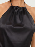 Black satin mini dress Slim fitting, halter neck tie fastening, low back