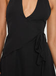 Halter mini dress Wrap style, invisible zip fastening Non-stretch material, fully lined 