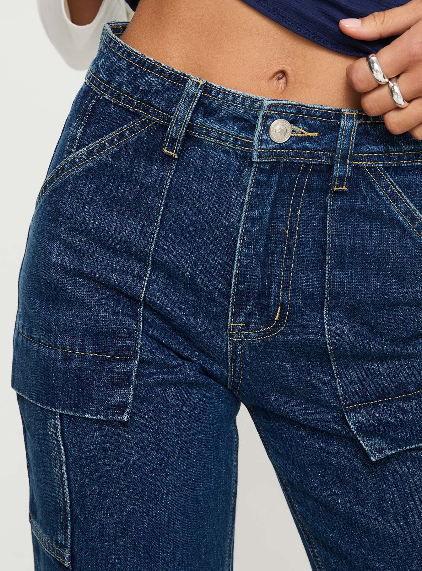 back view of model wearing Princess Polly Chad Cargo Jeans Dark Wash Denim Mid Rise 