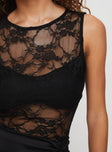 side view of model wearing Princess Polly Feelix Sleeveless Lace Bodysuit Black Sleeveless 