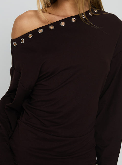Sakaia Long Sleeve Eyelet Mini Dress Brown | Princess Polly Sakaia Long Sleeve Eyelet Mini Dress Brown | Princess Polly