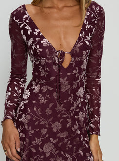 Raylena Long Sleeve V-neck Mini Dress Burgundy Floral