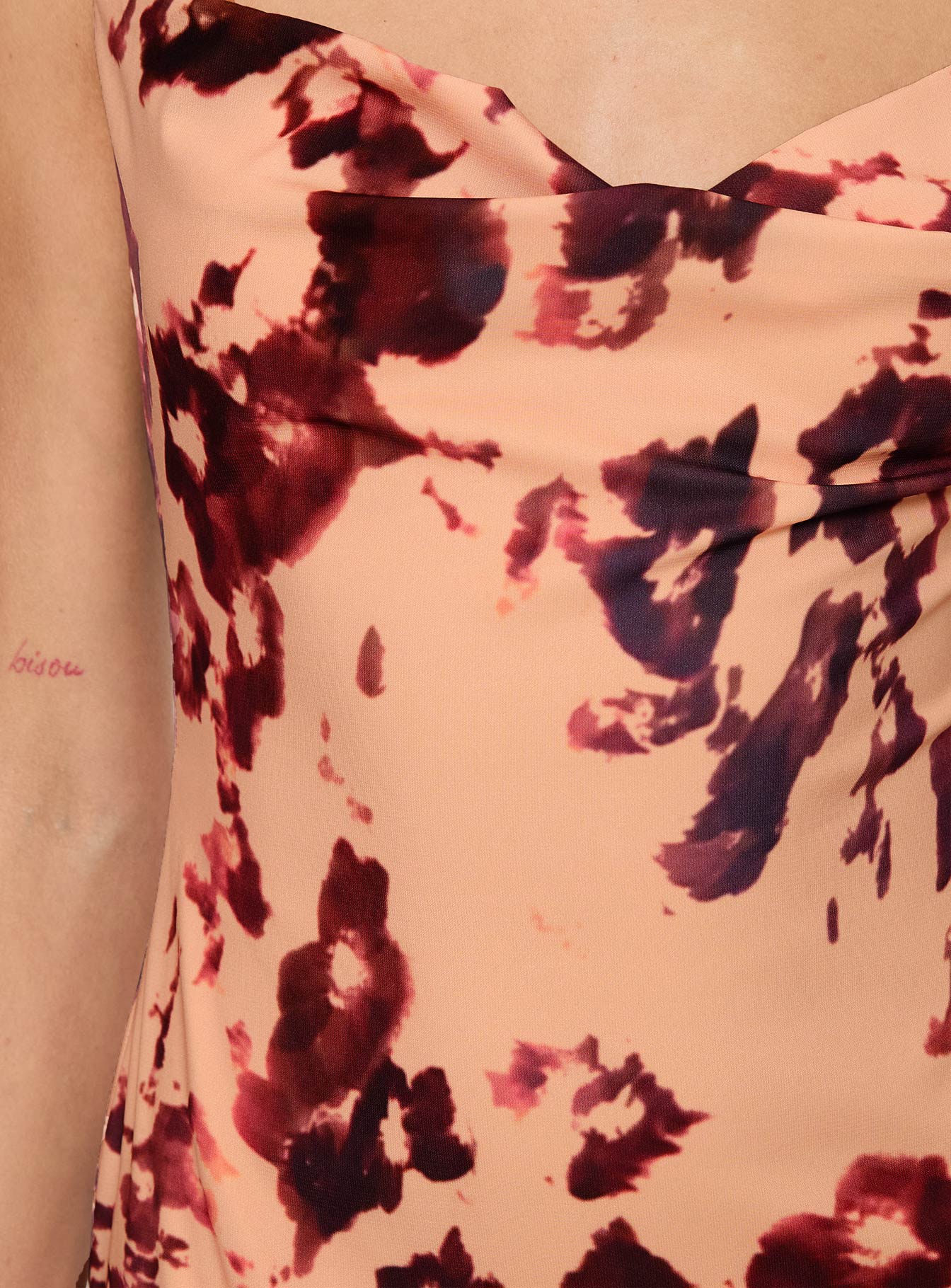 side view of model wearing Princess Polly Gracele Maxi Dress Pink Floral Cowl Neck 