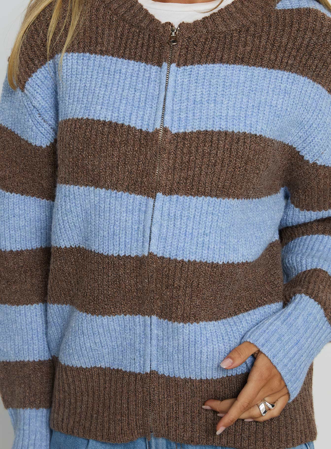 product Princess Polly Queena Zip Through Knit Sweater Blue Stripe 