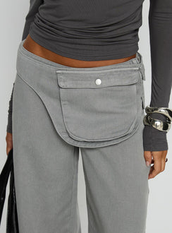 front view of model wearing Princess Polly Incognito Low Rise Wide Leg Cargo Jeans Grey Low Rise Jeans 