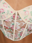 Crop top Lace material, floral print, adjustable shoulder straps, wired bodice, sheer design Good stretch, lined bust