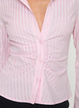 front view of model wearing Princess Polly Ambrose Shirt Pink Stripe Full Sleeves High Neck 