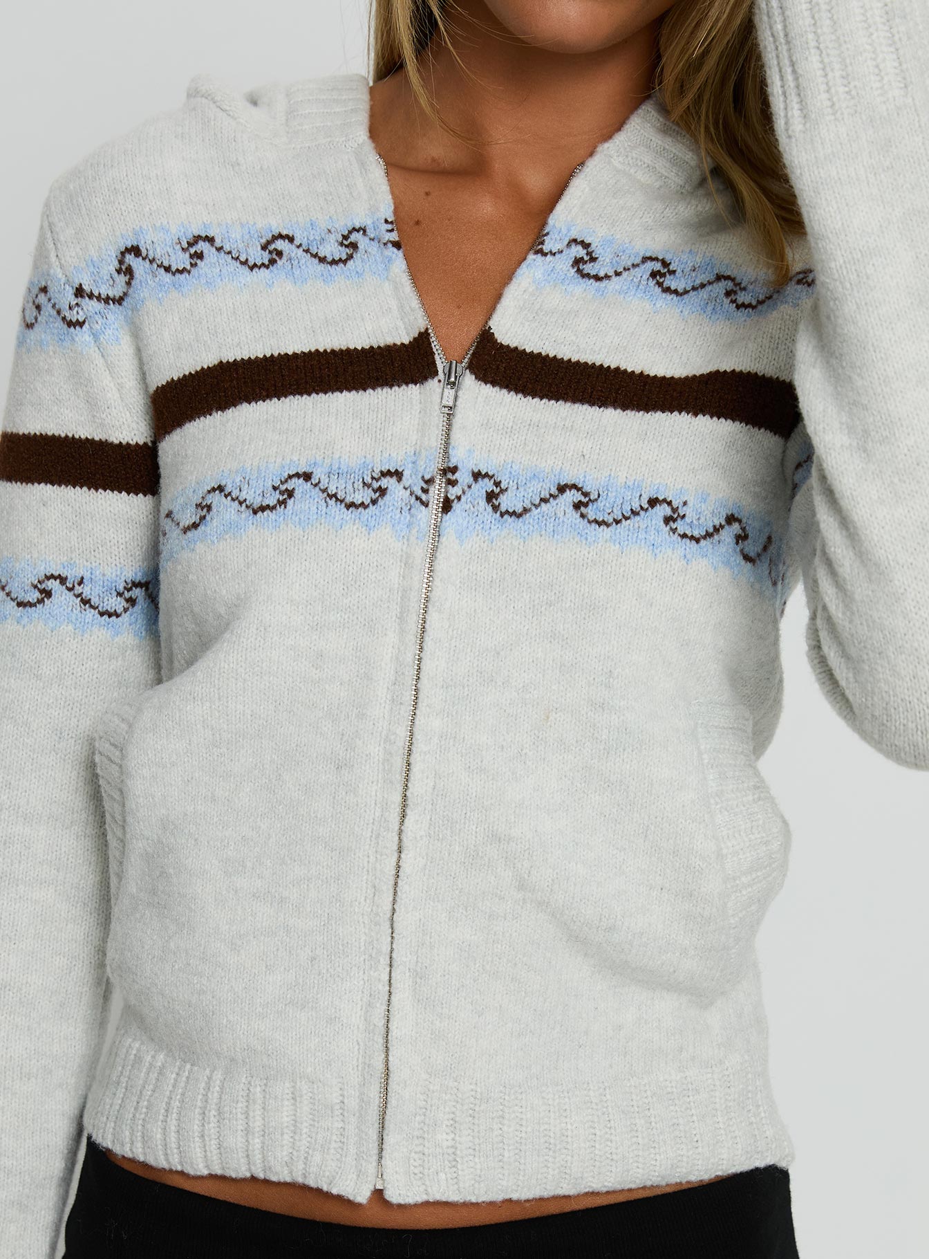Zaylina Graphic Zip Through Knit Sweater Grey | Princess Polly