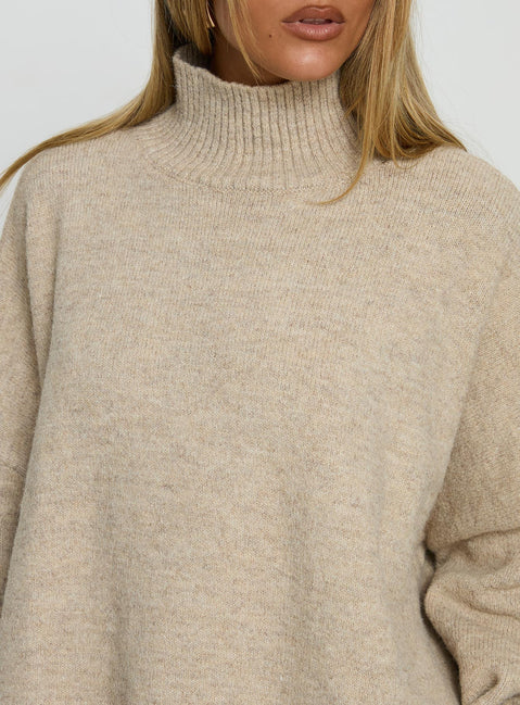 back view of model wearing Princess Polly Patrizia Funnel Neck Knit Sweater Beige 