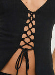Black Linen halter top Adjustable halter with button fastening, lace up front, invisible zip fastening at side, split hem