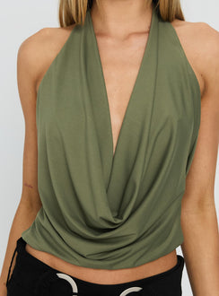 Carefree Days Jersey Cowl Neck Top Khaki