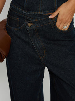 side view of model wearing Princess Polly Blue Crush Low Rise Wide Leg Jeans Indigo Mid Rise Jeans 