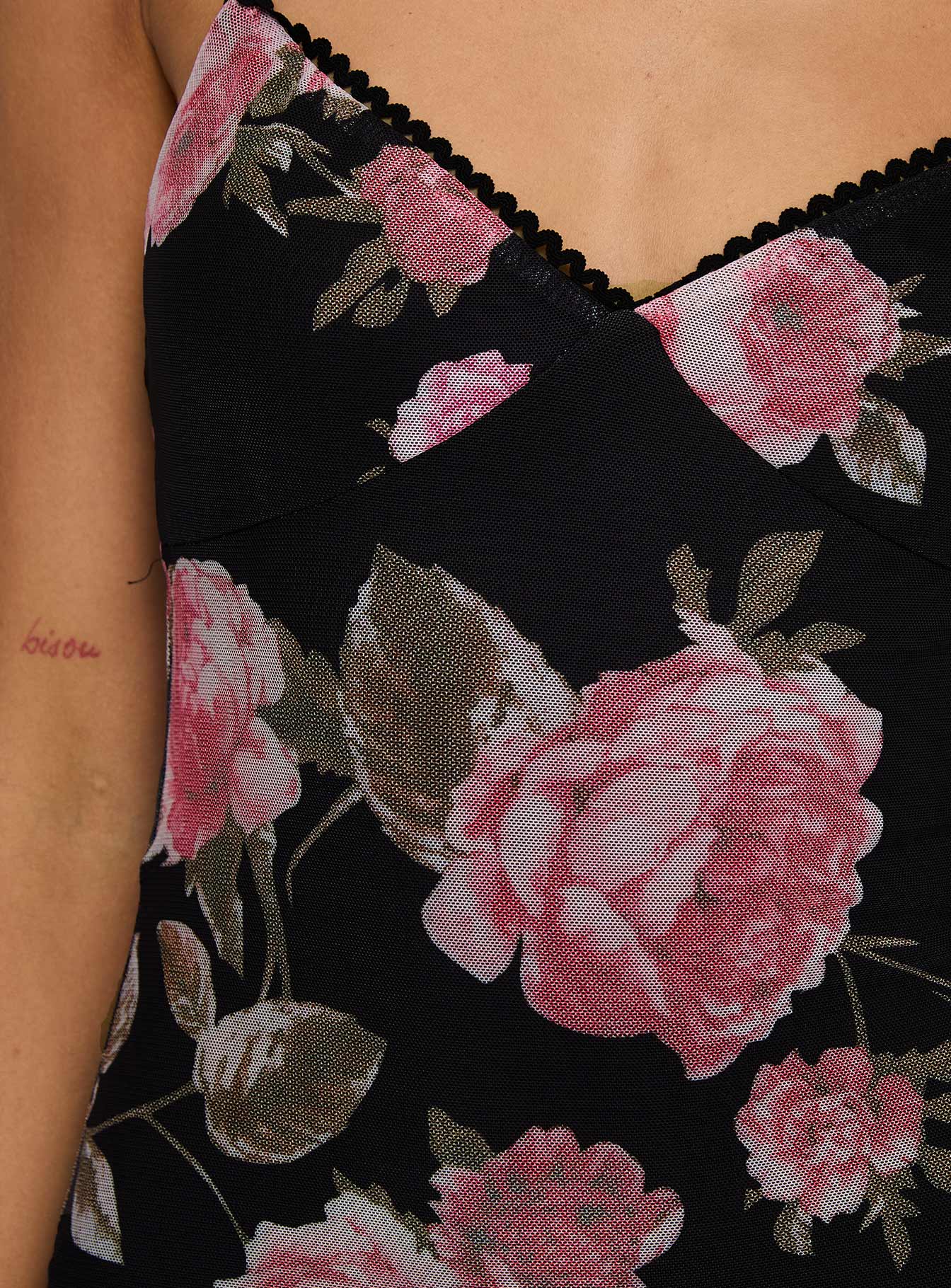 back view of model wearing Princess Polly Manolis Maxi Dress Black / Floral V-Neck 