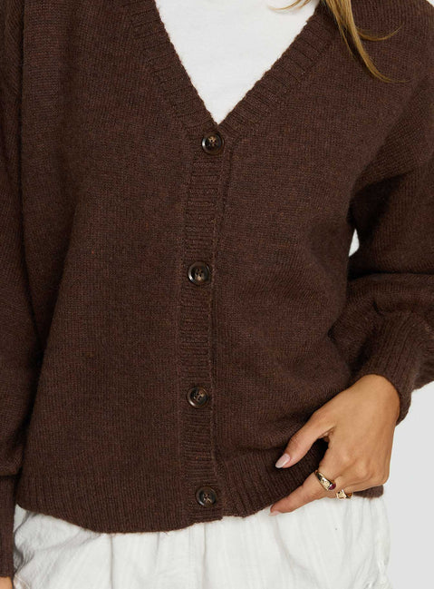 back view of model wearing Princess Polly Eartha V Neck Knit Sweater Brown Long 