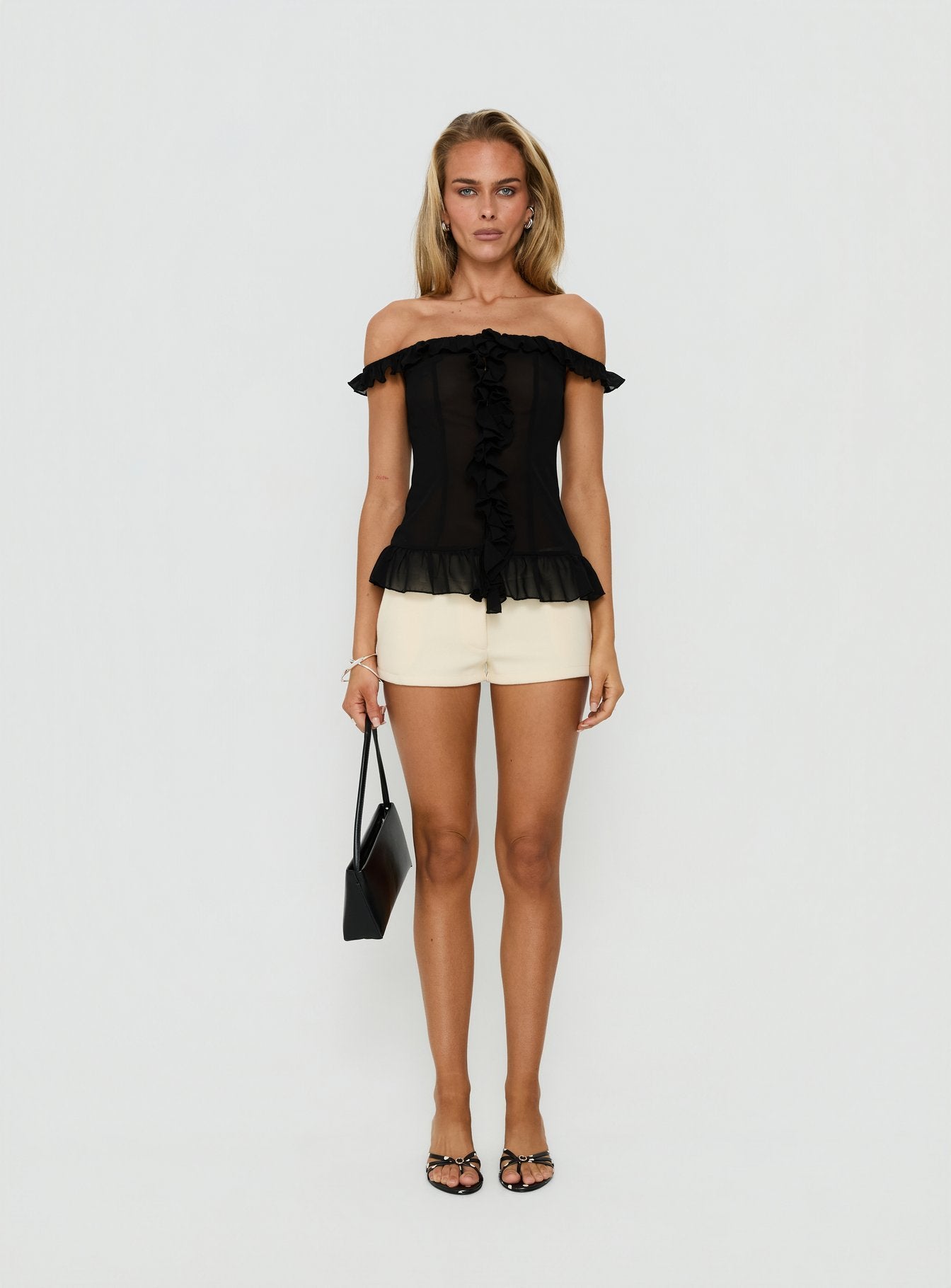 Nivelle Frill Detail Off Shoulder Top Black | Princess Polly