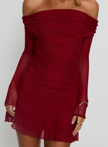 Koki Long Sleeve Off Shoulder Mini Dress Red