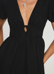 V neck mini dress Tie fastening at front, puff sleeves, invisible zip fastening at back  Non-stretch, partially lined  