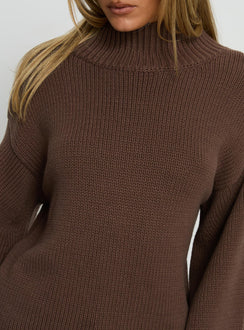 back view of model wearing Princess Polly Neriel Funnel Neck Knit Sweater Chocolate Long 