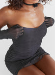 Strapless mesh mini dress, slim fitting, ruched thoughout Detached matching gloves, frill hem