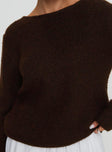 back view of model wearing Princess Polly Abrams Rib Knit Crew Sweater Chocolate Marle Long 