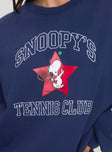 back view of model wearing Princess Polly Snoopy Star Tennis Club Sweater Navy Long 