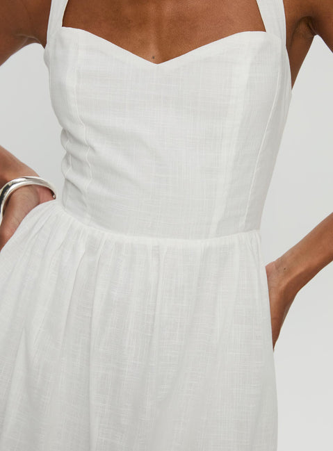 back view of model wearing Princess Polly Zolena Halter Mini Dress White Sweetheart Neckline 