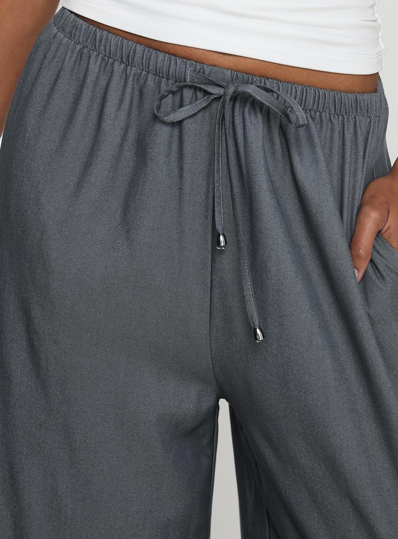 side view of model wearing Princess Polly Tallilah Pants Dark Chambray High Waisted Pants 