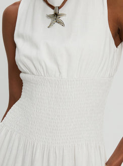 back view of model wearing Princess Polly Lilienne Shirred Maxi Dress White Crew Neck 