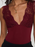 back view of model wearing Princess Polly Roan Lace Bodysuit Burgundy Sleeveless 