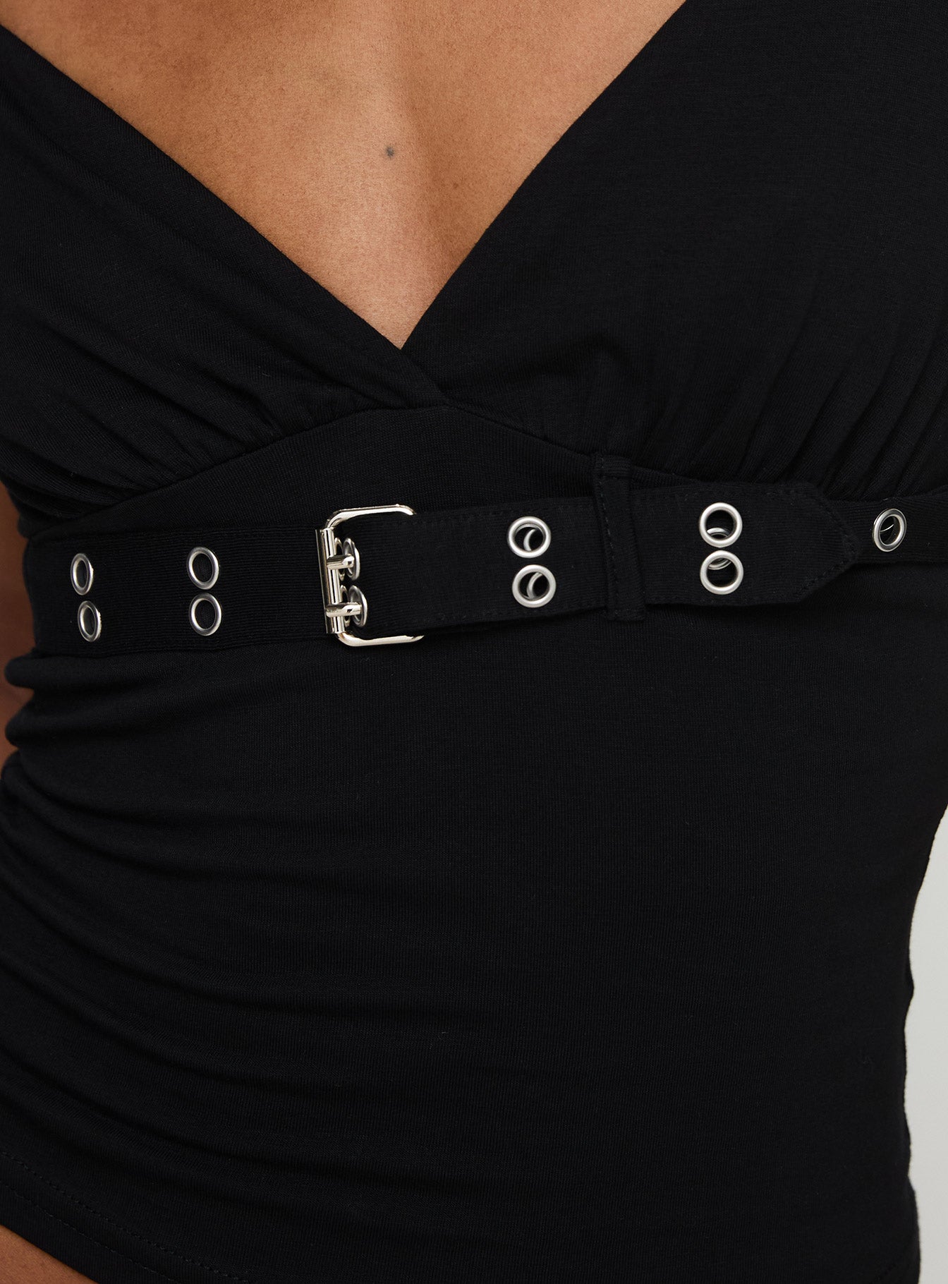 back view of model wearing Princess Polly Eiffel Top Black Sleeveless V-Neck 