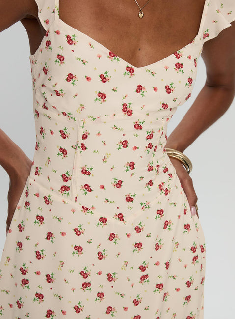 kyanne high split maxi dress cream multi Princess Polly: KYANNE HIGH SPLIT MAXI DRESS CREAM MULTI