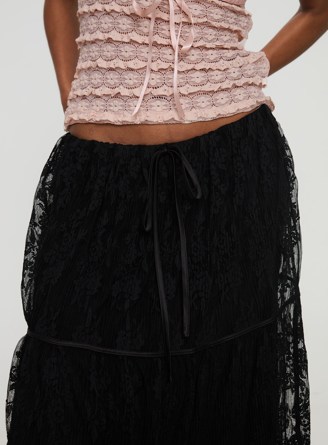 back view of model wearing Princess Polly Oh Plisse Maxi Skirt Black Maxi 