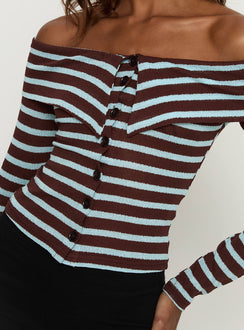 Raelena Off Shoulder Long Sleeve Top Blue / Brown Stripe