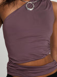 back view of model wearing Princess Polly Blizzard Top Purple Sleeveless Asymmetric Neckline 