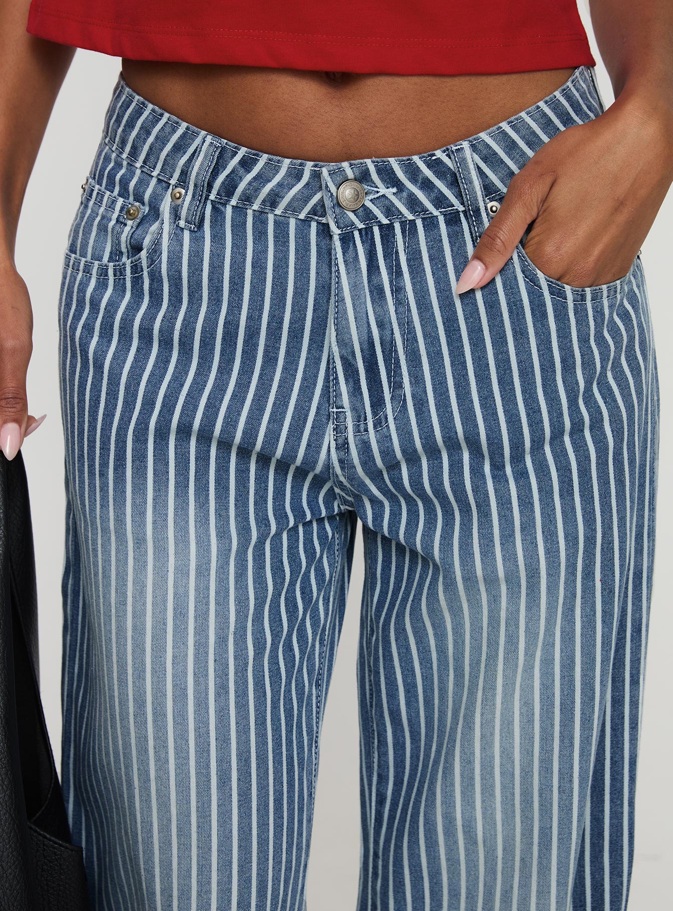 back view of model wearing Princess Polly Blaise Jeans Blue Stripe Mid Rise 